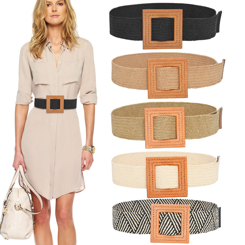 Ceinture de taille tressée Vintage pour femmes, style Boho, rond, carré, léopard, boucle en bois, fausse paille, large, offre spéciale