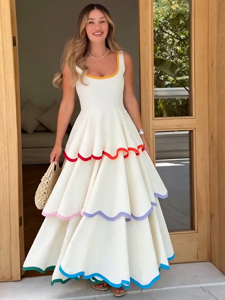 Robe Chic Femme Tendance Col Rond Sans Bretelles Sans Manches à Ourlet Volanté Cascade Nouveauté Été 2026 pour Tenue Quotidienne