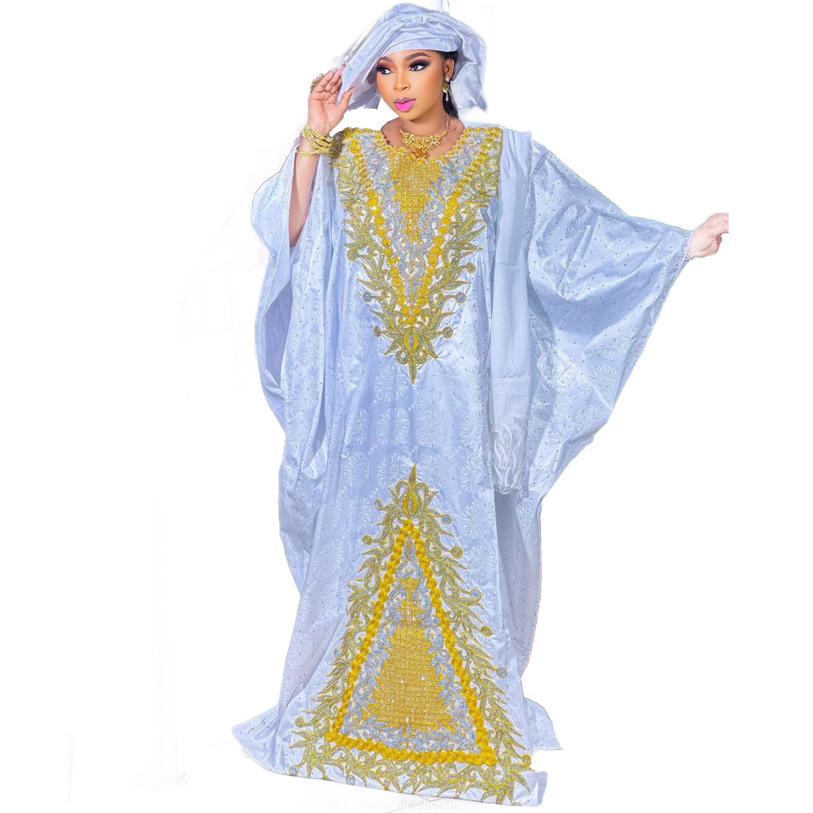 Robes africaines pour femmes grande taille, robe longue avec écharpe, design brodé Bazin Riche