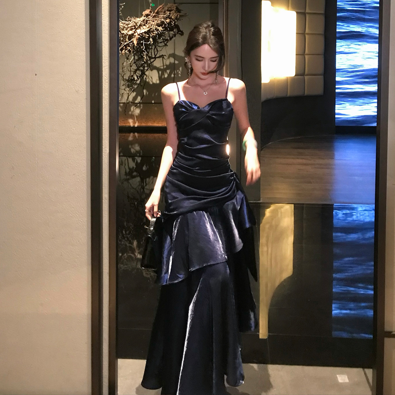 Robe longue de soirée élégante et Sexy pour femmes, tenue de soirée d'anniversaire, sans manches, bretelles Spaghetti, dos nu, style sirène, à volants, été