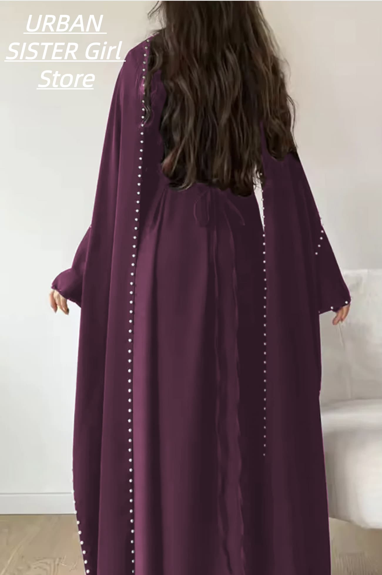 Cape ornée de perles avec manches cloche, robe musulmane, robe de soirée longue élégante de couleur unie