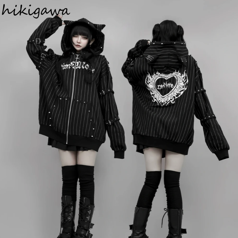 Vestes pour femmes, vestes gothiques, tops Y2K japonais, streetwear, manteaux Harajuku à rayures et rivets, 2026, Ropa Mujer, vêtements d'extérieur à rayures avec capuche à oreilles