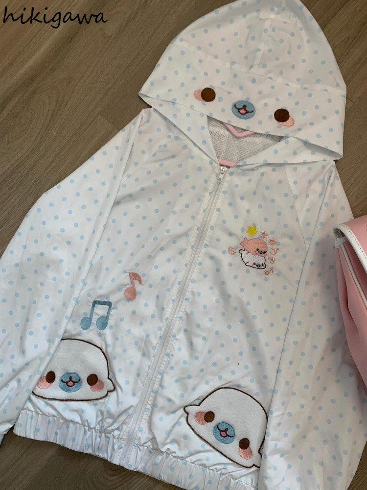 Manteaux mignons japonais à imprimé dessin animé, vêtements d'extérieur fins d'été 2026, vestes à capuche à pois pour femme, hauts décontractés chics amples anti-UV