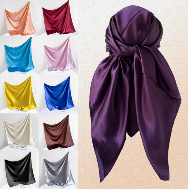 Foulard carré en Satin de soie pour femmes, 90x90cm, mode, couleur unie, Hijab, châle, accessoires pour cheveux