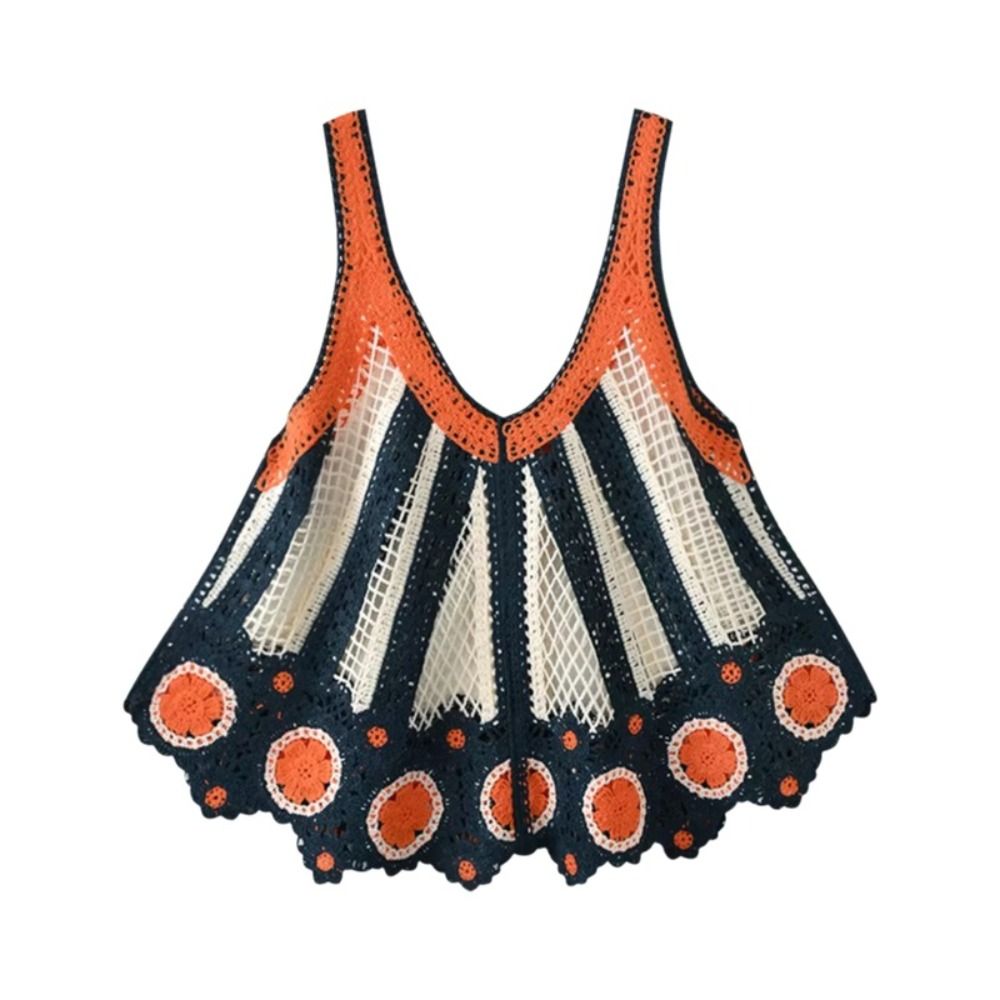 Robe-veste polyvalente ajourée en tricot imprimé et crochet sans manches, style ethnique ample bohème, idéale pour les vacances d'été à la plage