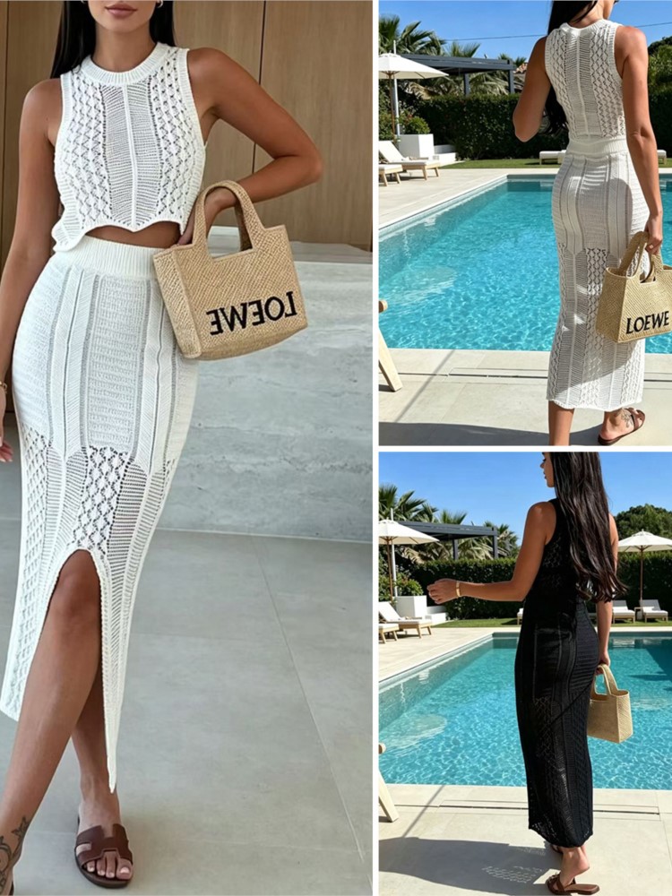 Ensemble 2 pièces de maillot de bain pour femme : haut court et jupe midi, style mode uni ajouré sexy, tenue de plage