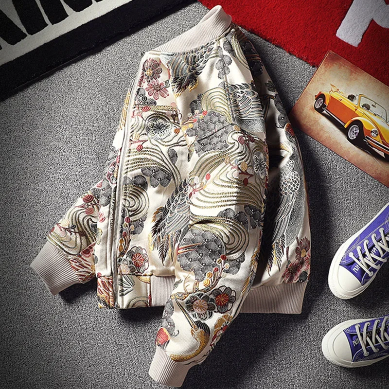 Blouson aviateur brodé floral et grue de style japonais pour hommes, col montant, streetwear universitaire, vestes de baseball, manteau d'automne
