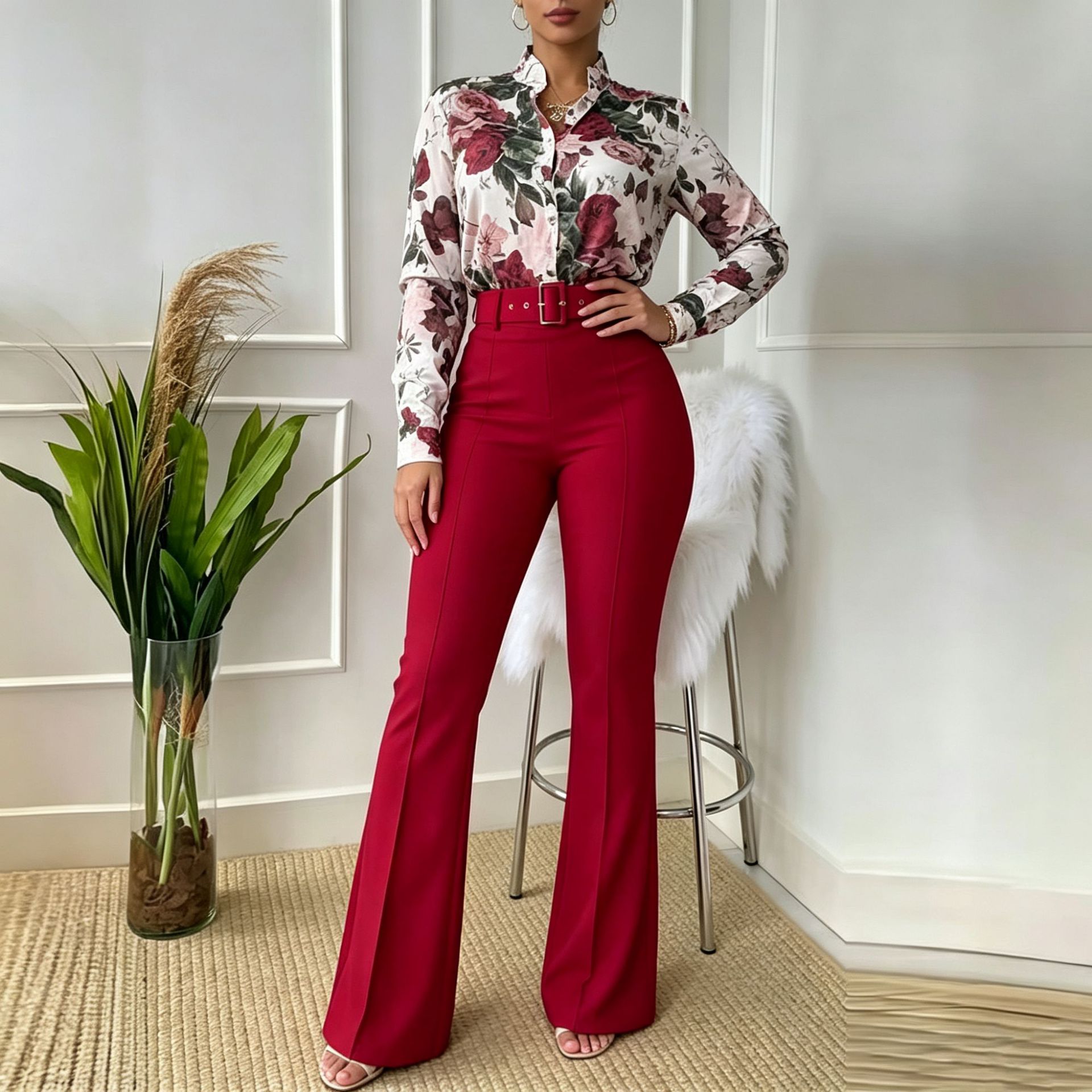 Ensemble élégant pour femmes automne 2026, comprenant un haut à manches longues à col montant imprimé et un pantalon droit, ensemble décontracté deux pièces.