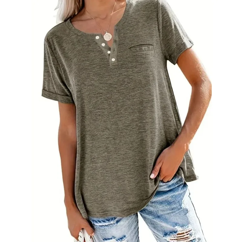 T-shirt décontracté à manches courtes et col en V pour femmes avec poches, grande taille, 1XL-5XL, printemps et été, nouveau style