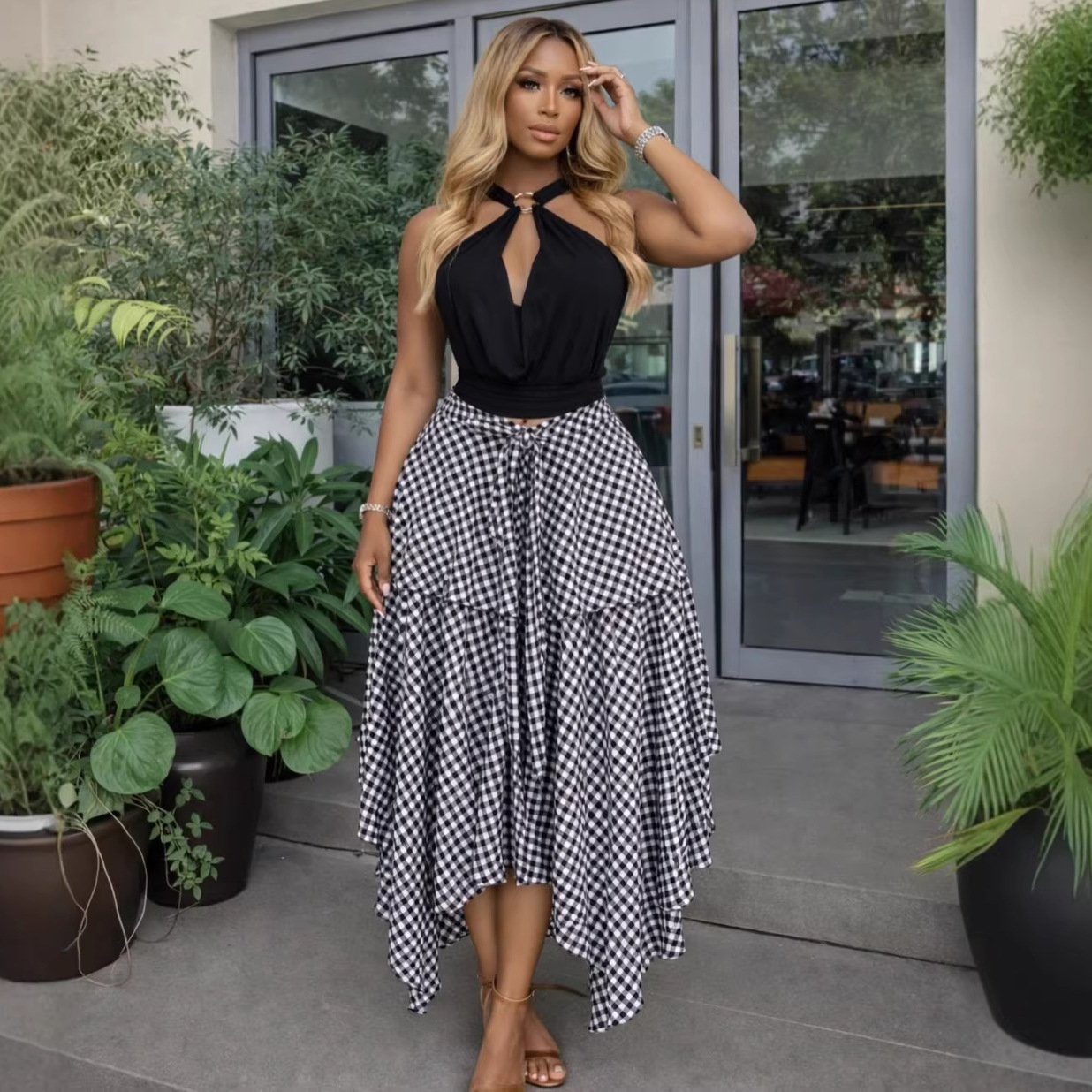 Jupes Femme Mi-longues Coupe Trapèze Taille Haute Ajustée Imprimé Carreaux Décontractées Élégantes Style Y2K Streetwear Travail Été 2026
