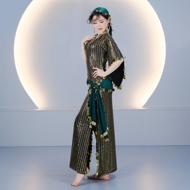 Tenue de danse orientale personnalisée, robe égyptienne, costume de danse folklorique Saidi avec cannes en rotin, broderie de sequins et rayures, pour femme 5096