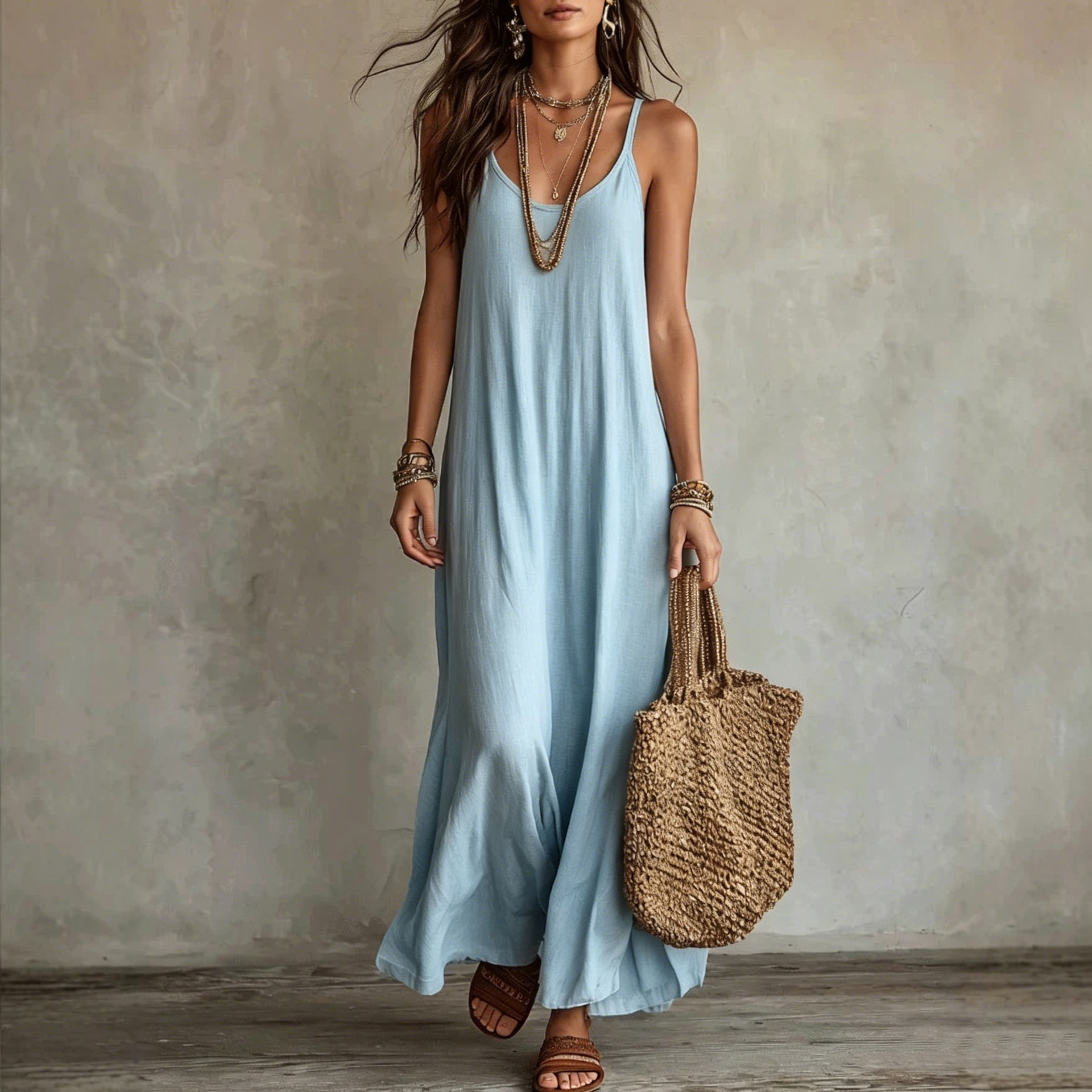Robes Camisole Dos Nu pour Femme, Robe Bohème d'Été à Bretelles Fines, Robe Longue Décontractée, Robe de Plage pour les Vacances
