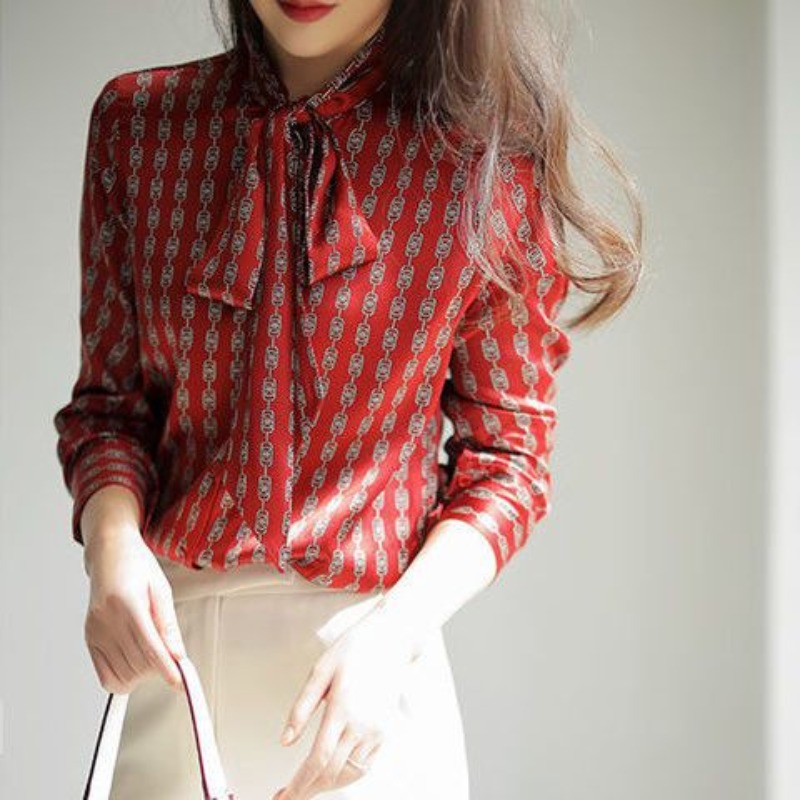 Chemisier vintage à manches longues pour femmes, chemise imprimée Harajuku, vêtements féminins élégants, col écharpe, décontracté, américains, mode, nouveau