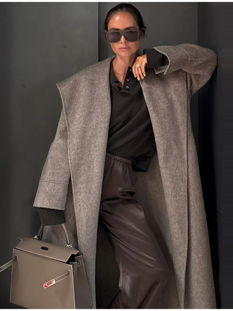 Manteau en laine à col Cape pour femme, élégant, mode, manches longues, ceinture, taille longue, automne hiver, vêtements d'extérieur chics, 2025