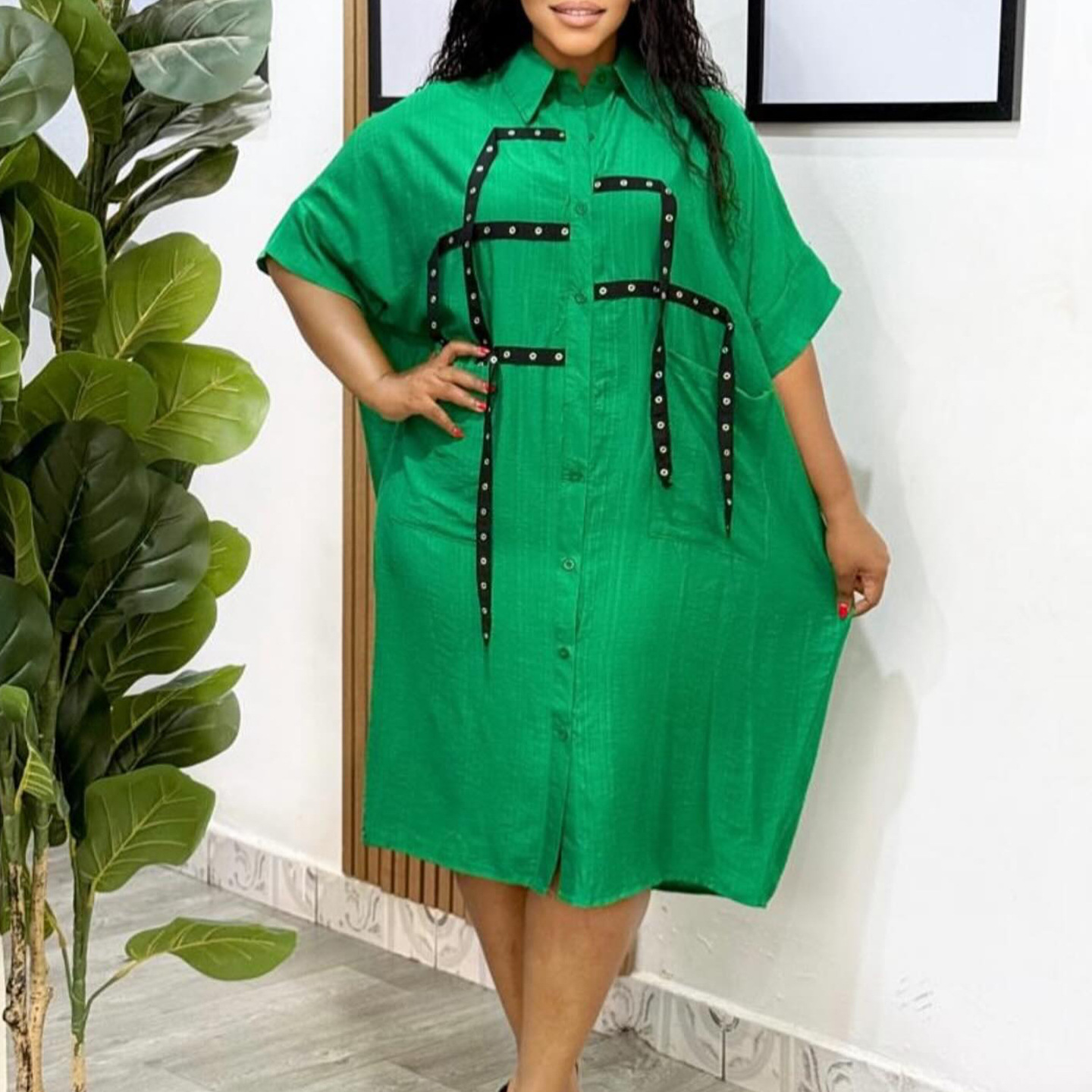 Robe chemise ample mode revers simple boutonnage demi manches grande poche épissé ​ ​ Robes midi pour femmes, chemise de banlieue élégante