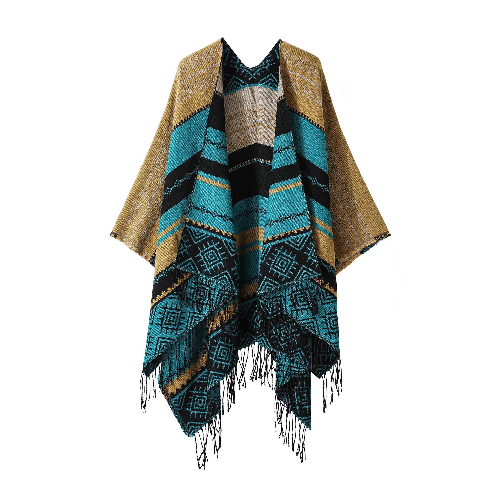 Écharpe de style ethnique vintage pour femme, poncho fendu, châle chaud, cape à pampilles en cachemire, manteau chaud Everak, nouveau