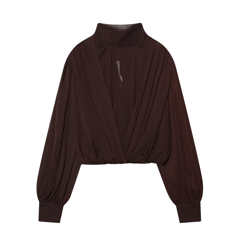 Chemisier noir à col papillon pour femmes, haut court en mousseline de soie à manches bouffantes transparentes pour fête et bureau