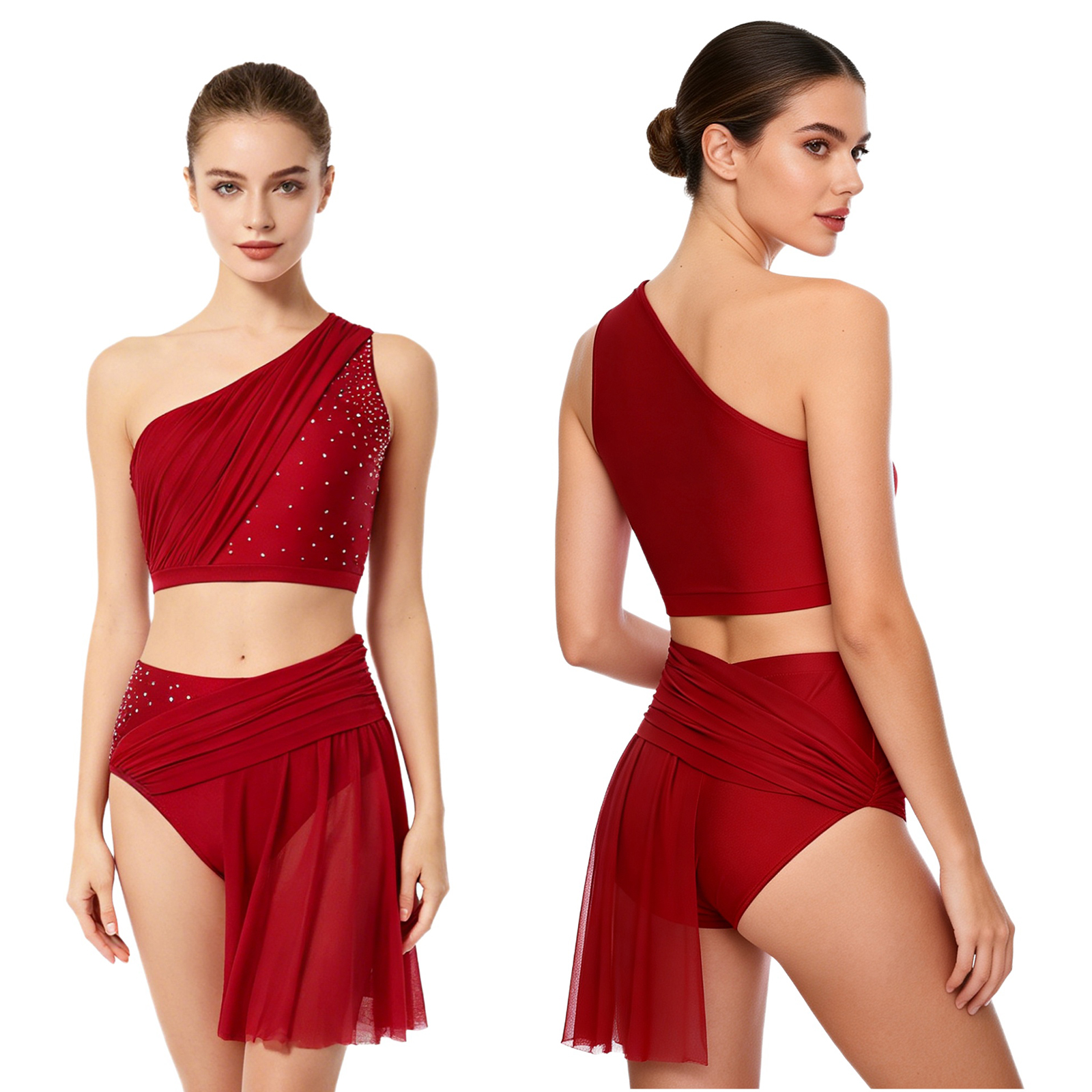 Tenue de danse lyrique moderne pour femmes, patinage artistique, gymnastique, strass brillants, haut court avec jupe en maille, slip, vêtements de danse