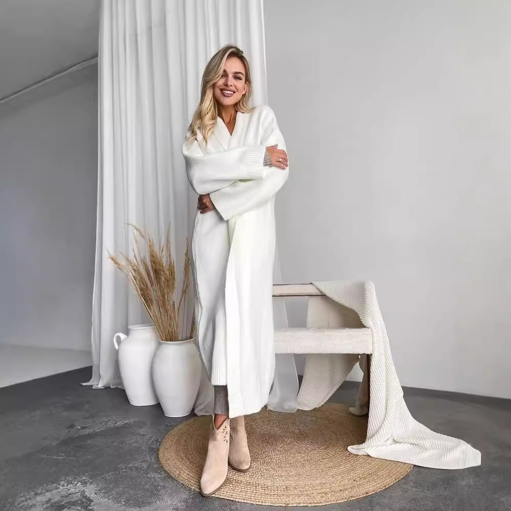 Cardigan en laine pour femmes, veste ample, tempérament rétro, élégant, couleur unie, sans col, tricoté, manches longues