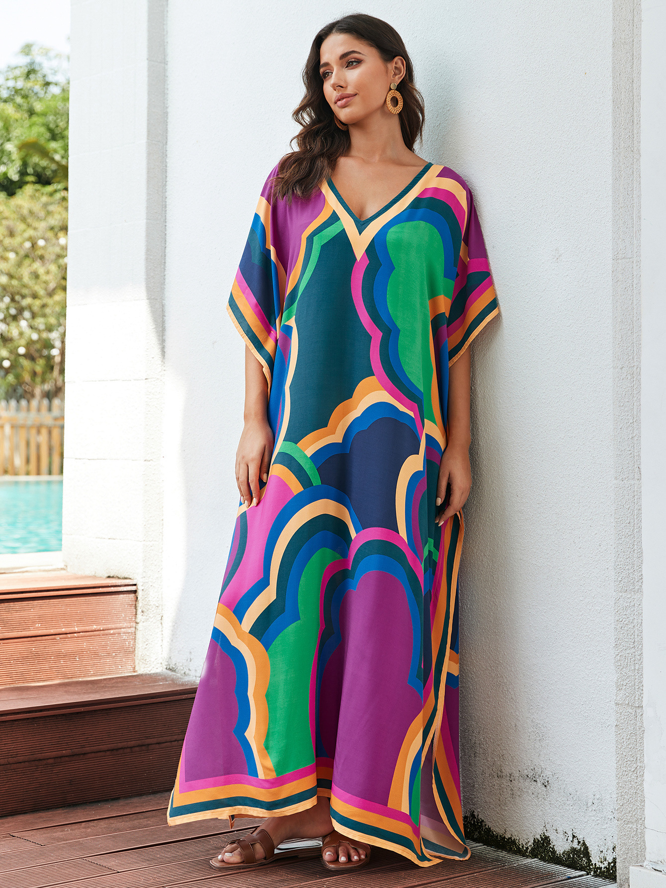 Grande taille femmes coupe ample imprimé marocain col en v chauve-souris caftan robe de plage maillot de bain couvrir