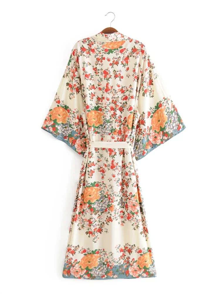 Kimono de Plage Vintage Chic à Imprimé Floral Multiple pour Femme, Vêtement Bohème à Col en V, Manches Chauve-Souris, Robe Boho, Cache Bikini