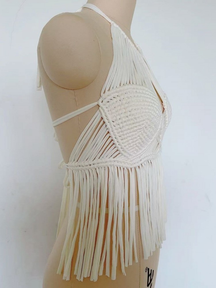 Débardeur court bohème pour femme, dos nu, à nouer autour du cou, avec broderie et pompons, style suspender