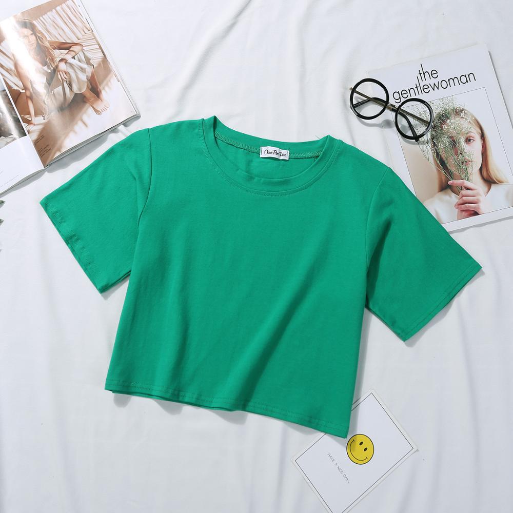 Été à manches courtes t-shirts femmes coton solide T-shirt col rond taille haute haut court T-shirt femme décontracté ample T-shirt