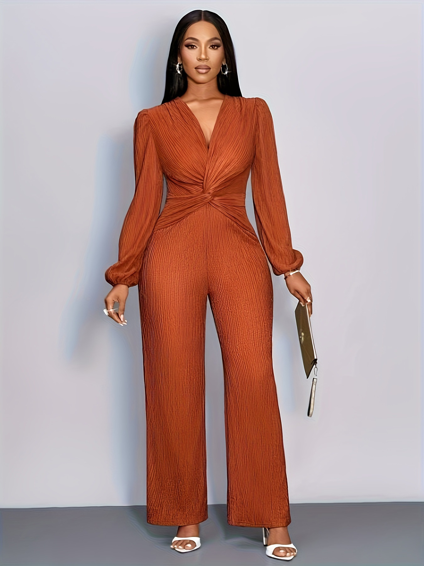 Combinaison en maille côtelée pour femme, col en V profond, taille torsadée, manches longues bouffantes, pantalon large taille haute, élégante pour soirée, fête ou tenue décontractée