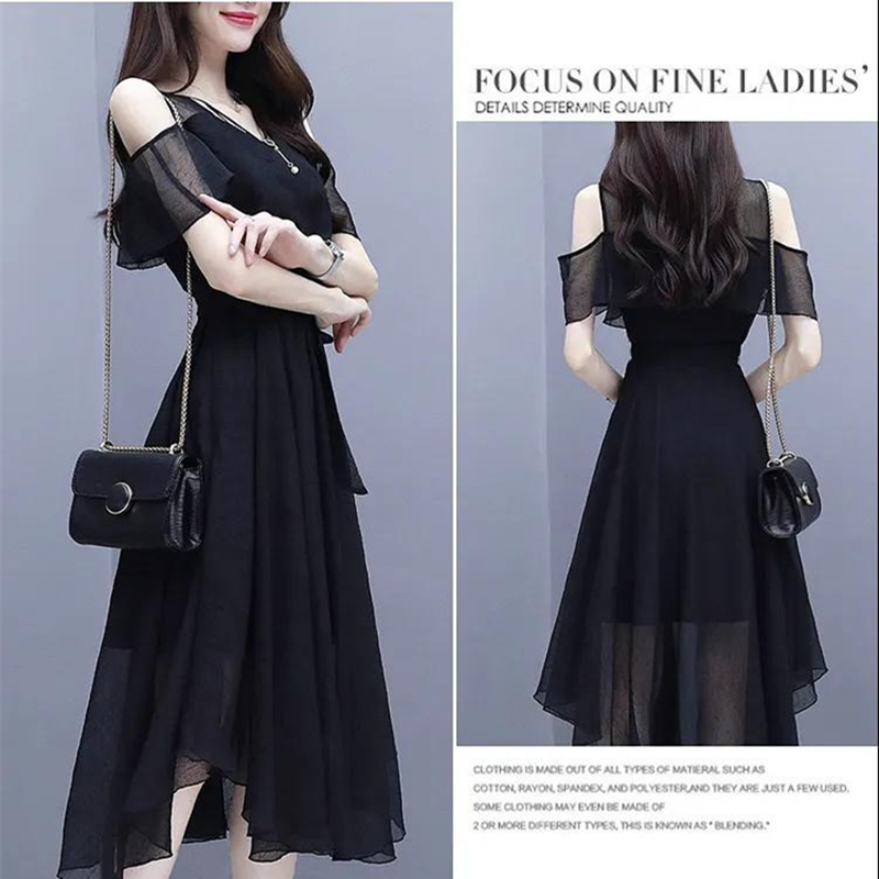 Robe d'été en mousseline de soie pour femmes, tenue de bureau coréenne, gracieuse, décontractée, noire, épaules dénudées, nouvelle mode, vêtements féminins, 2025