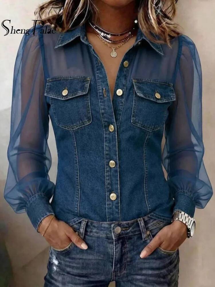 SHENGPALAE Chemise Femme en Jean et Maille Patchwork Manches Longues Col V Boutons sur le Devant Poches Poitrine Décontractée Élégante Été 2026 Nouvelle Collection