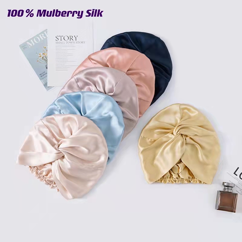 Bonnets Turban en soie de mûrier pour femmes, bonnet de nuit torsadé 19 Momme, bonnet enveloppant de cheveux en soie Pure pour dames bouclées, couvre-chef 100