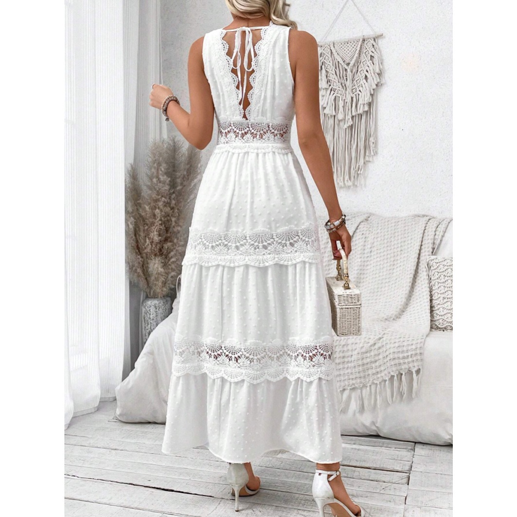 Robe longue décontractée pour femme, nouvelle collection Printemps-Été 2026, couleur unie, avec empiècements en dentelle, col en V, sans manches, taille haute, dos nu, pour le quotidien