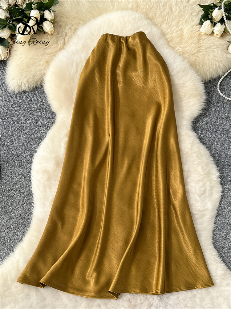 SINGREINY Senior solide Satin jupe taille élastique 2025 plus récent Frence élégant femmes mode bases bureau dame maigre jupe Midi