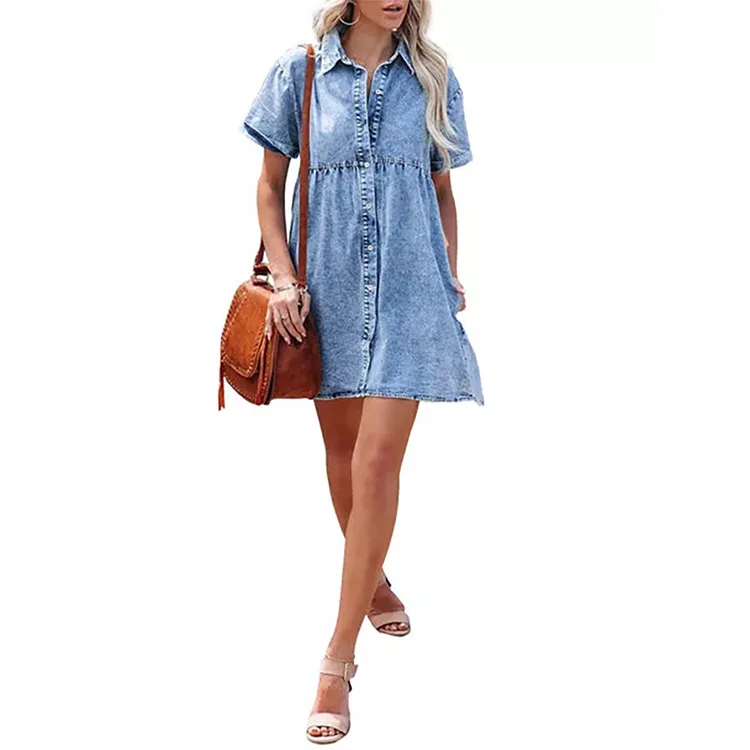 Robe chemise en jean pour femmes, manches courtes, col rabattu, en jean, simple boutonnage, haut décontracté, bord à volants