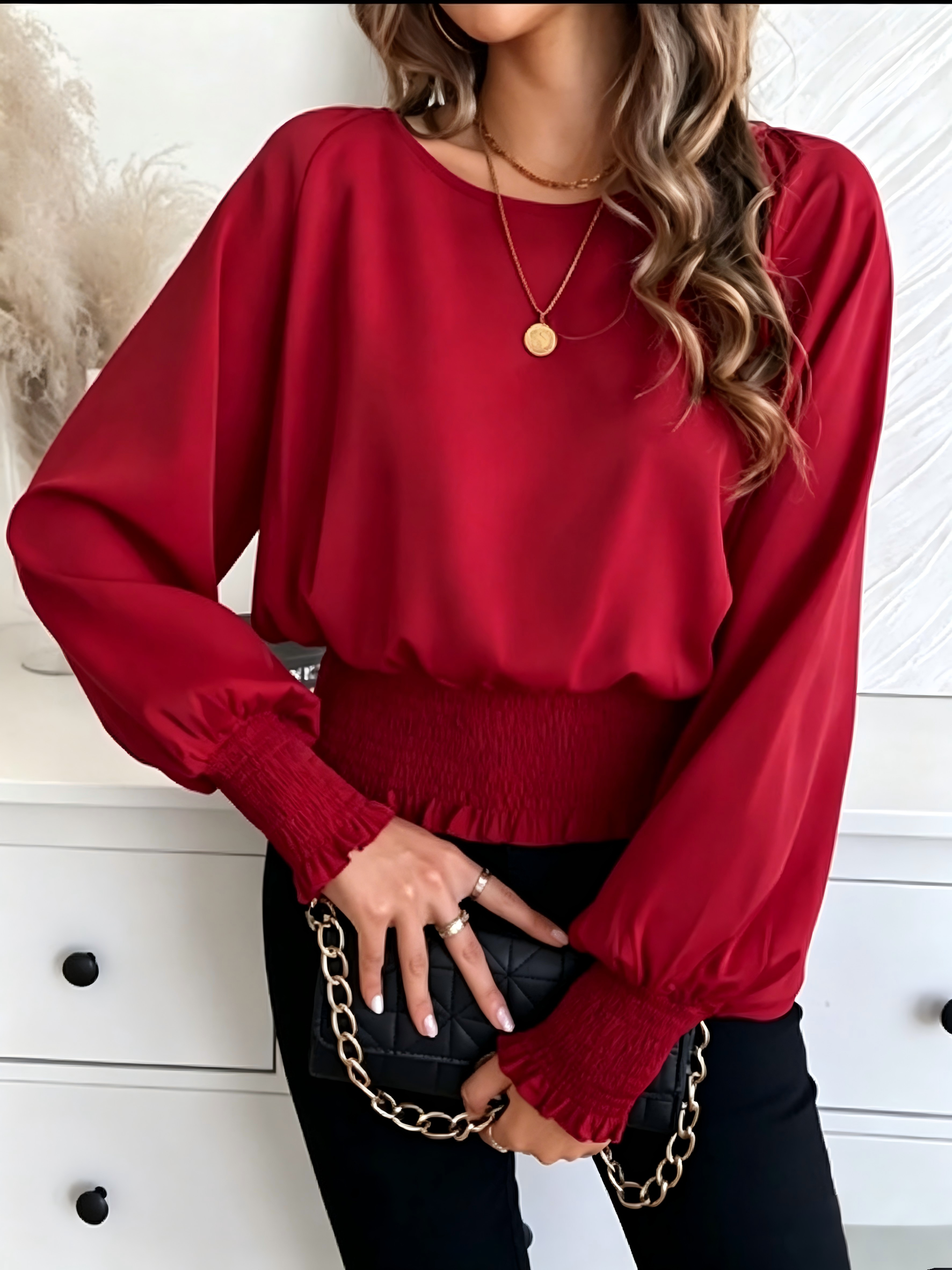Chemisier Rouge Femme à Manches Longues Bouffantes, Col Rond, Taille Froncée, Poignets Volants, en Chiffon – Élégant, Décontracté, pour le Bureau – Hauts pour Dames 2025