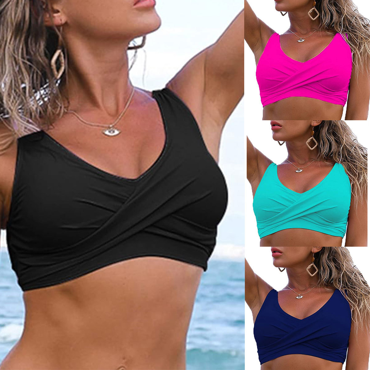 Haut de bikini noué sur le devant pour femme, col en v, froncé, rembourré, haut de maillot de bain, Cw36769
