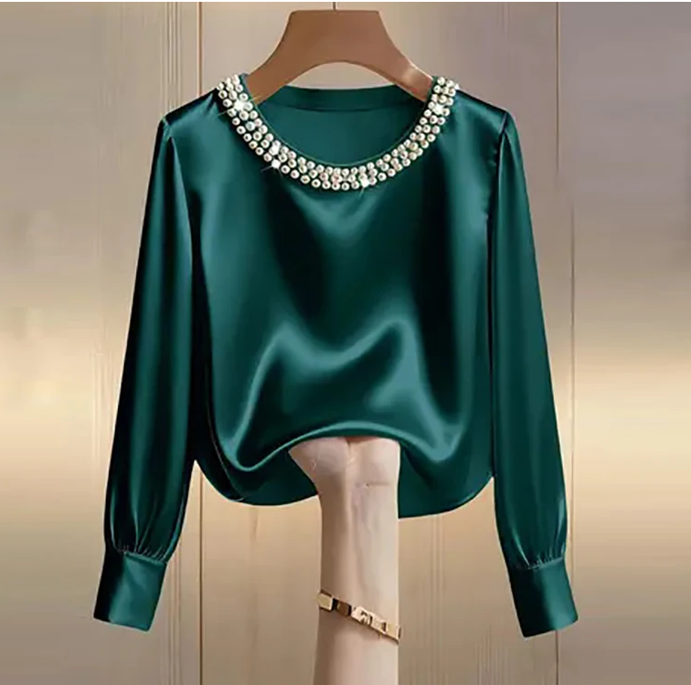 Chemisier en satin élégant pour femme, printemps-automne, avec perles, manches longues, en soie, col rond, coupe ample, hauts tendance