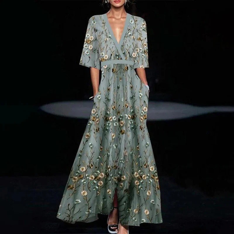 Robe longue de soirée avec ceinture, col en V, imprimé, Sexy, ligne a, style Boho, manches courtes, poches, Maxi, mode printemps 2024