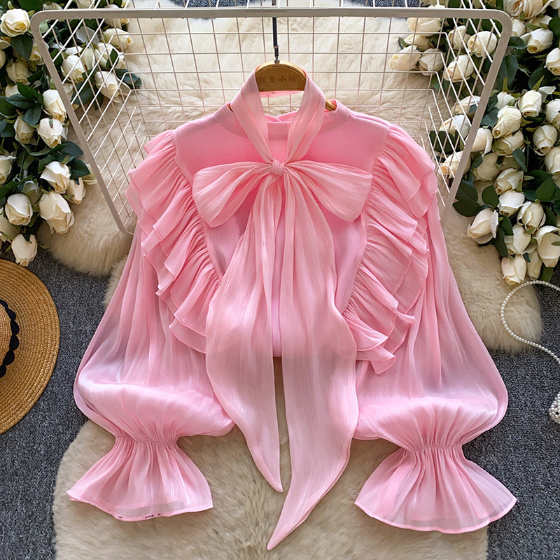 Chemisier Femme Printemps Automne Tendance Rétro Français Décontracté Haut de Gamme à Pois avec Manches Bouffantes et Nœud S263