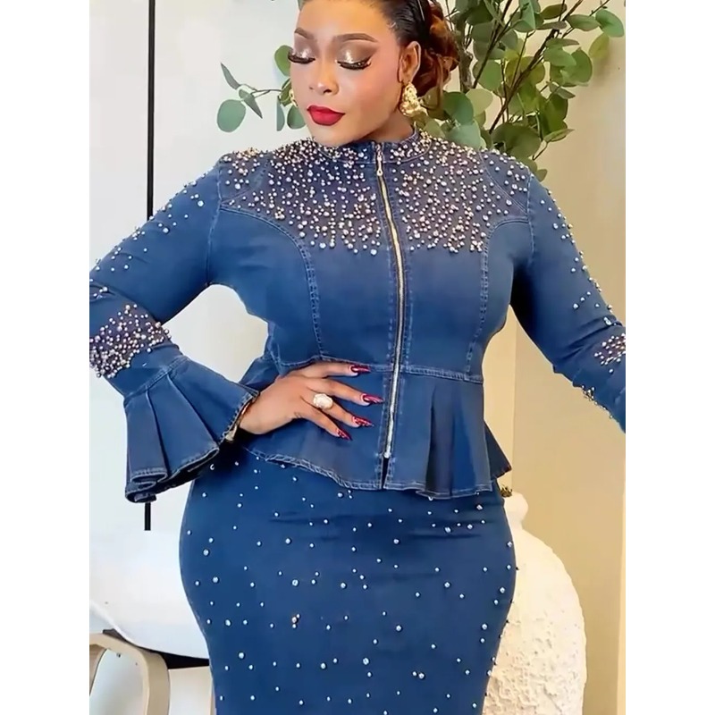 Vêtements africains pour femmes, ensembles 2 pièces, hauts et jupes, costumes Dashiki Ankara, tenue en denim, grande taille, robes de fête de mariage