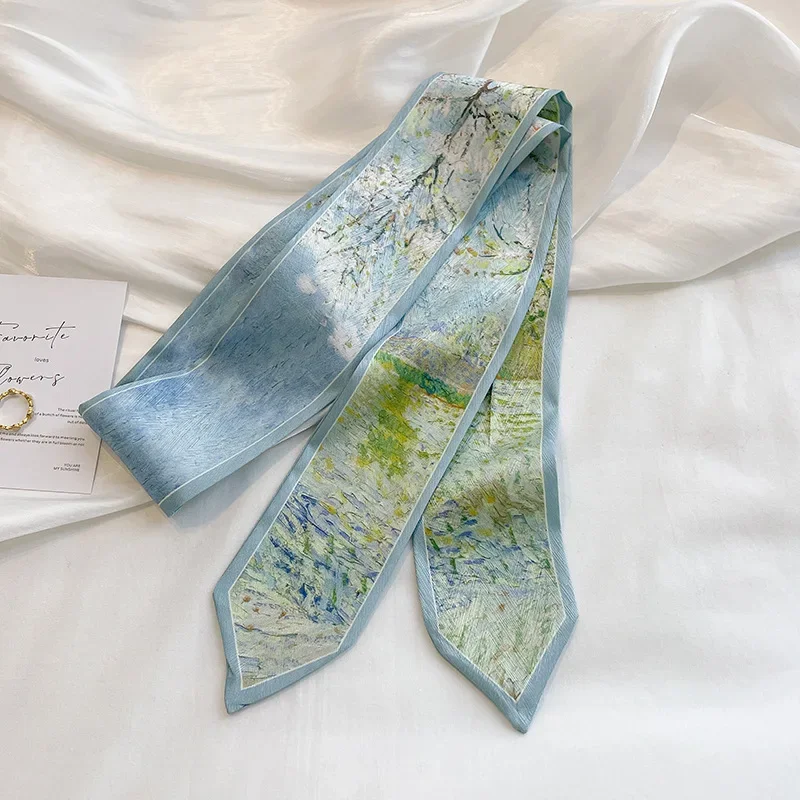 Nouveau Foulard Long en Soie Satinée à Imprimé Floral Original pour Femme – Écharpe de Qualité Supérieure, Rubans pour Cheveux et Accessoires de Sac