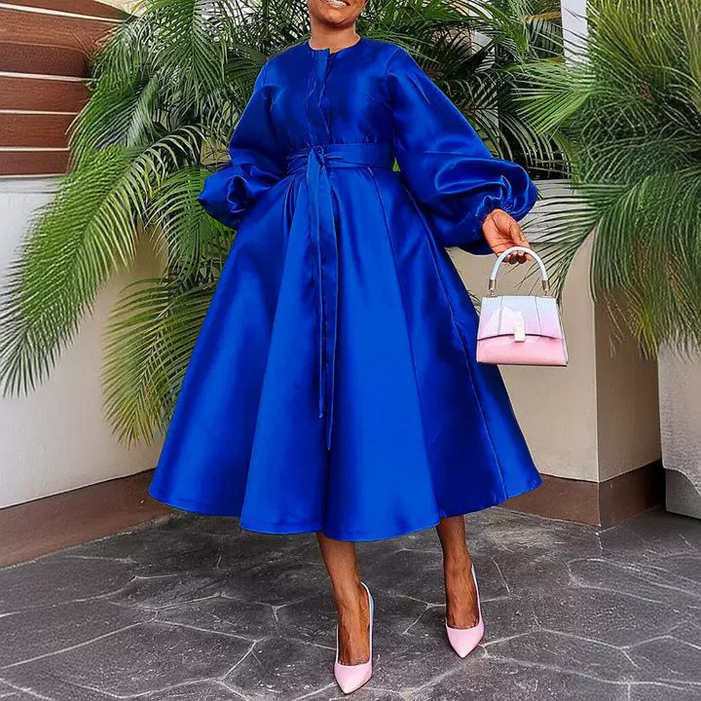 Robe Vintage Chic pour Femme, Style Swing, Manches Longues Lanterne, Ceinturée, Boutonnée, Élégante, en Satin Fluide, Coupe Maxi, A-Line ou Midi, pour Cérémonie et Soirée