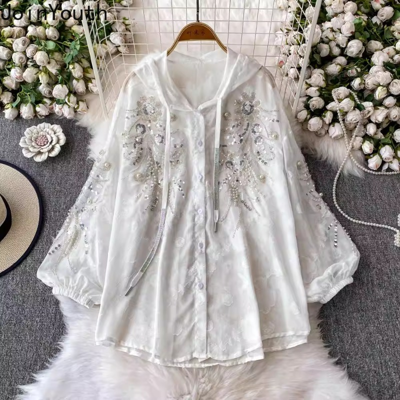 2025 Blusas Mujer De Moda lourd paillettes perles Blouse femmes vêtements à manches longues chemises à capuche amples tempérament hauts femme