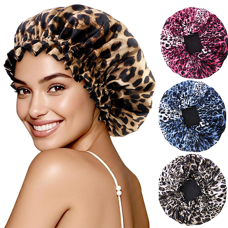 Bonnet de nuit en Satin imprimé léopard pour femmes, Double couche, Bonnet soyeux, bande élastique réglable, casquette de sommeil pour cheveux longs, nouvelle collection