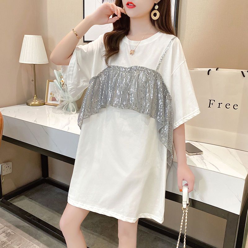 T-shirt à manches courtes à col rond pour femmes, faux pulls deux pièces, épissé, paillettes, décontracté, lettre, été