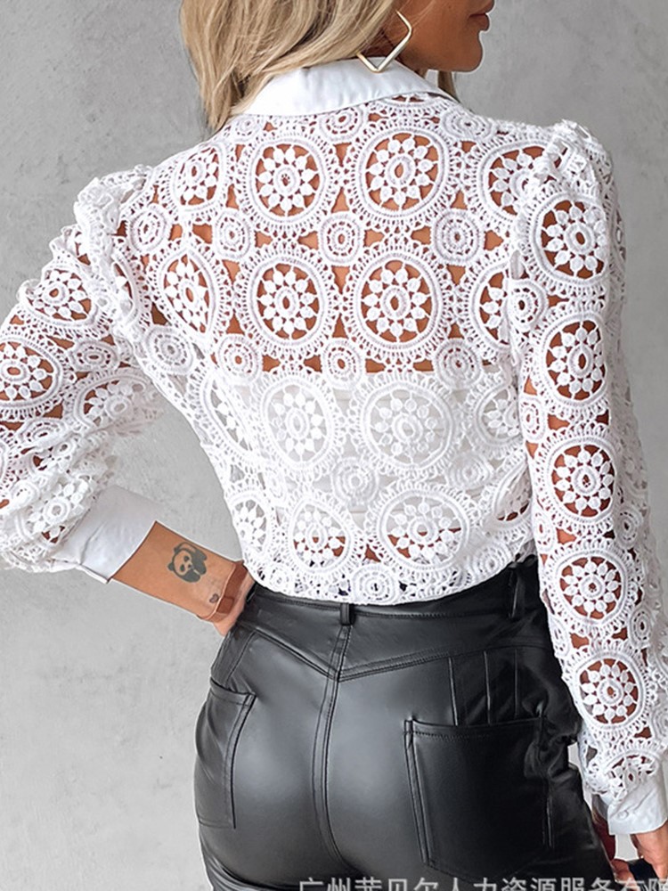 Chemisiers en dentelle pour femmes, chemise blanche de bureau élégante, manches longues, boutons, col rabattu, hauts ajourés Sexy, vêtements à la mode pour femmes