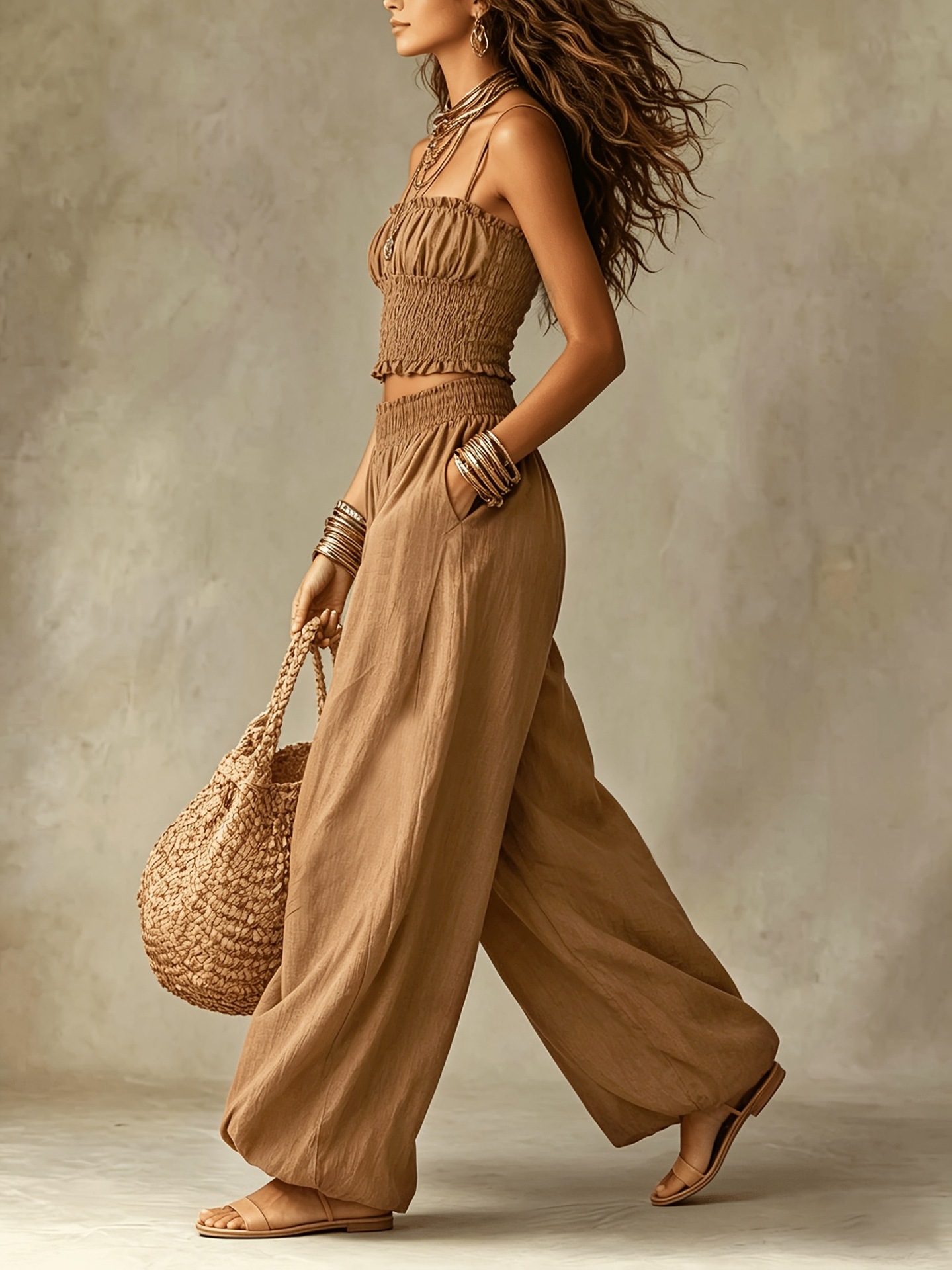 Ensemble 2 pièces tendance pour femme : Haut décontracté à fines bretelles et pantalon lanterne assorti – Tenue estivale
