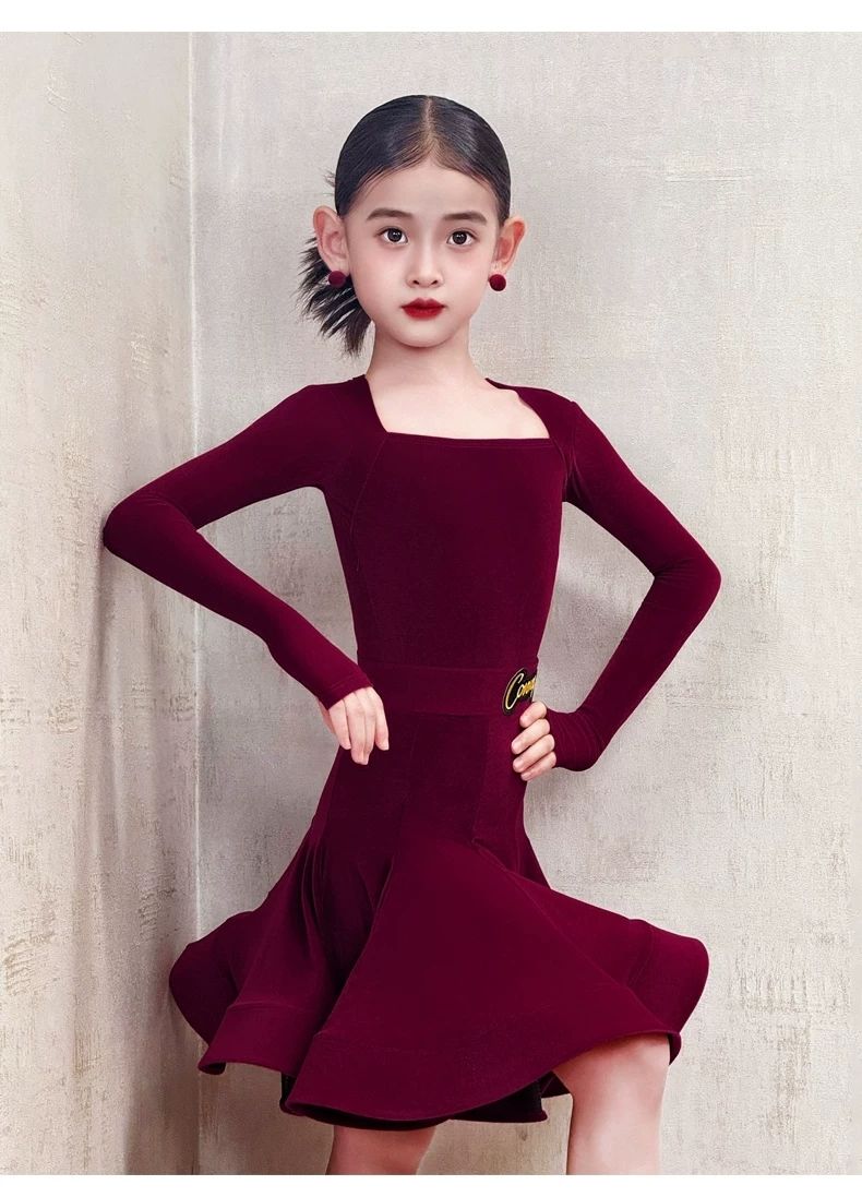 Robe de danse latine pour filles, ensemble à manches longues, costume professionnel de scène pour enfants, Rumba Cha Cha Tango, vêtements de danse d'automne