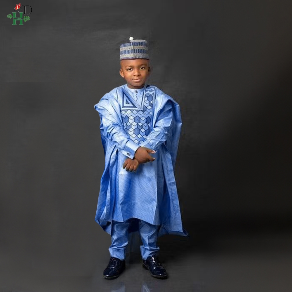 2025 nouveaux vêtements traditionnels africains pour enfants garçon blanc bleu 3 pièces ensemble à manches longues hauts broderie Dashiki Robe chemise pantalon enfant