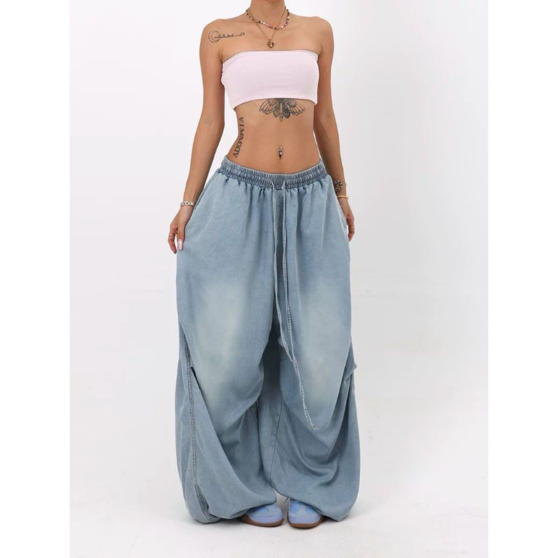 Pantalon en jean pour femme, coupe ample, taille élastique, délavage vintage, longueur intégrale, avec lacets, style Y2K streetwear décontracté, Printemps 2026
